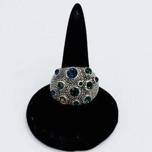 Cocktail Cluster Ring Montana Blue Crystal Wide Dome Bubble Stainless Steel 7